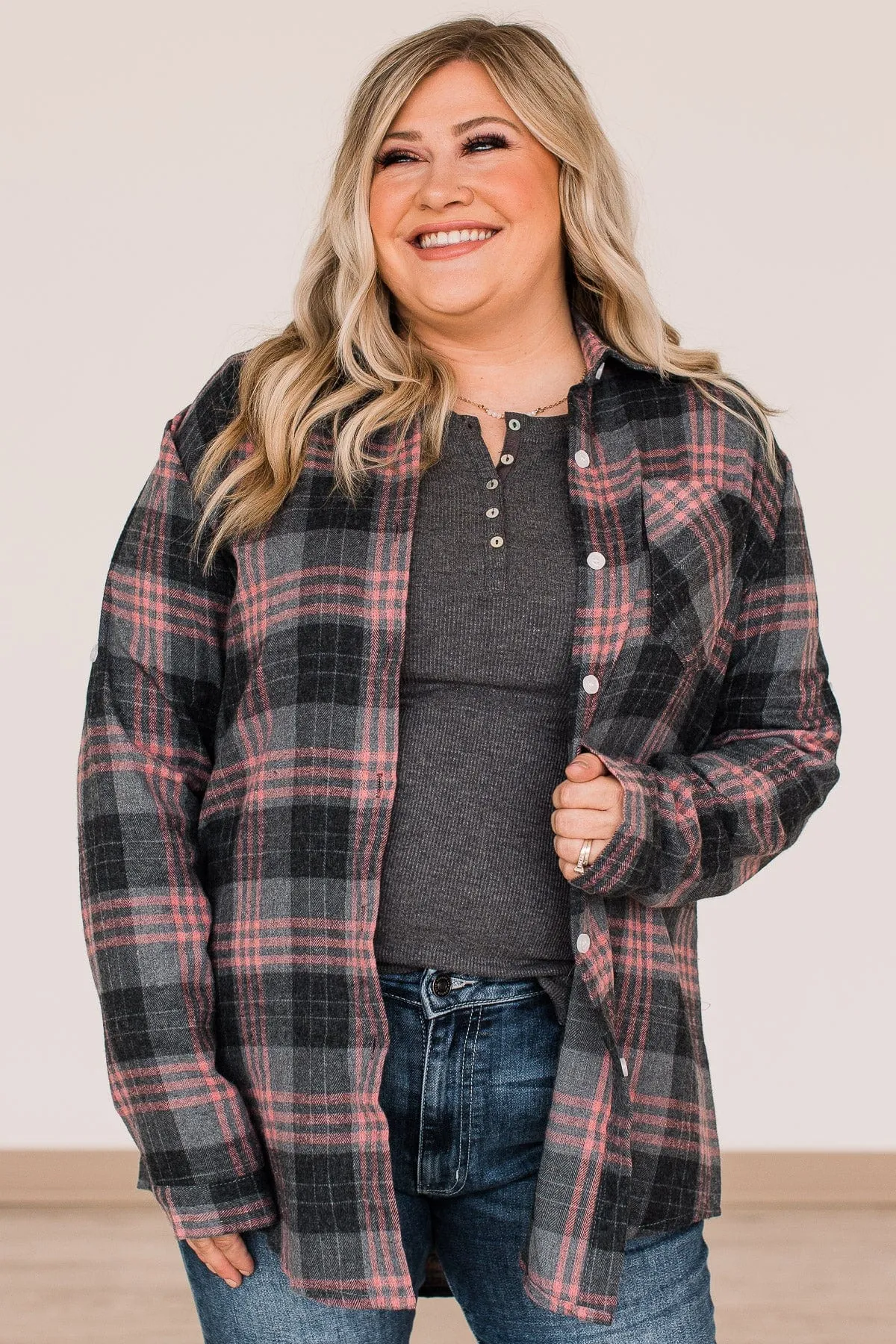Falling For Your Smile Plaid Flannel- Grey & Pink