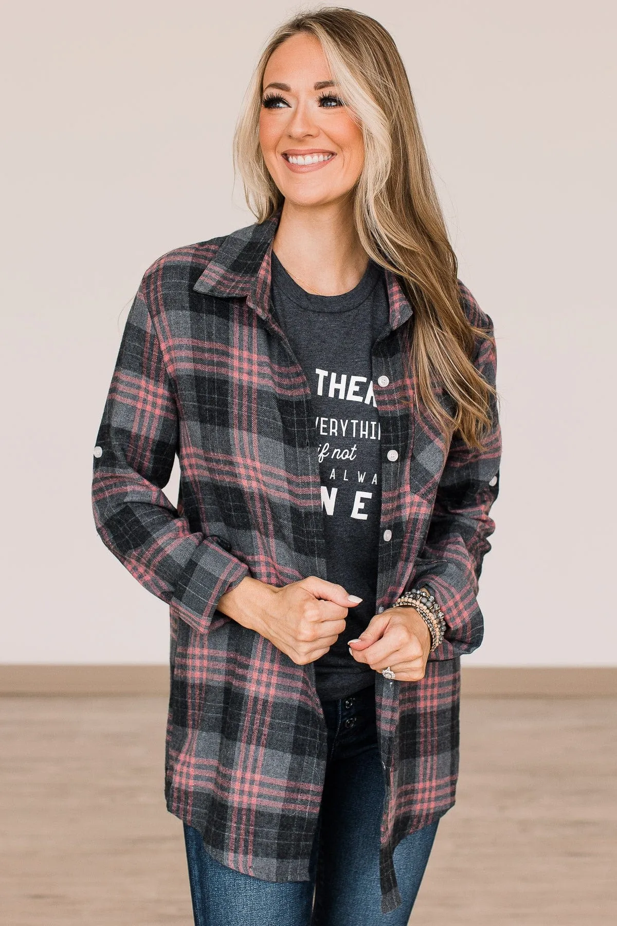 Falling For Your Smile Plaid Flannel- Grey & Pink