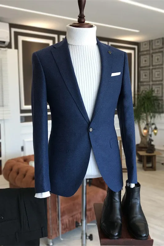 Fancy Dark Blue Notched Lapel Men's Prom Suit