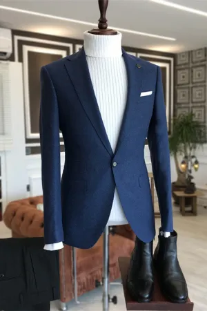 Fancy Dark Blue Notched Lapel Men's Prom Suit