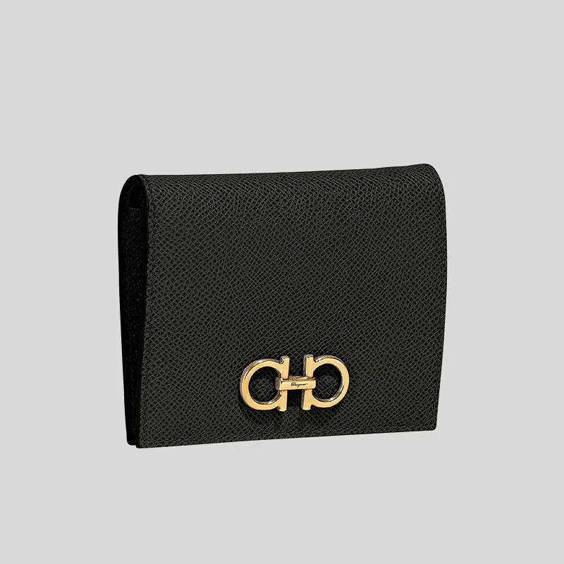 Ferragamo Calf Leather Small Bifold Wallet Black RS-726512