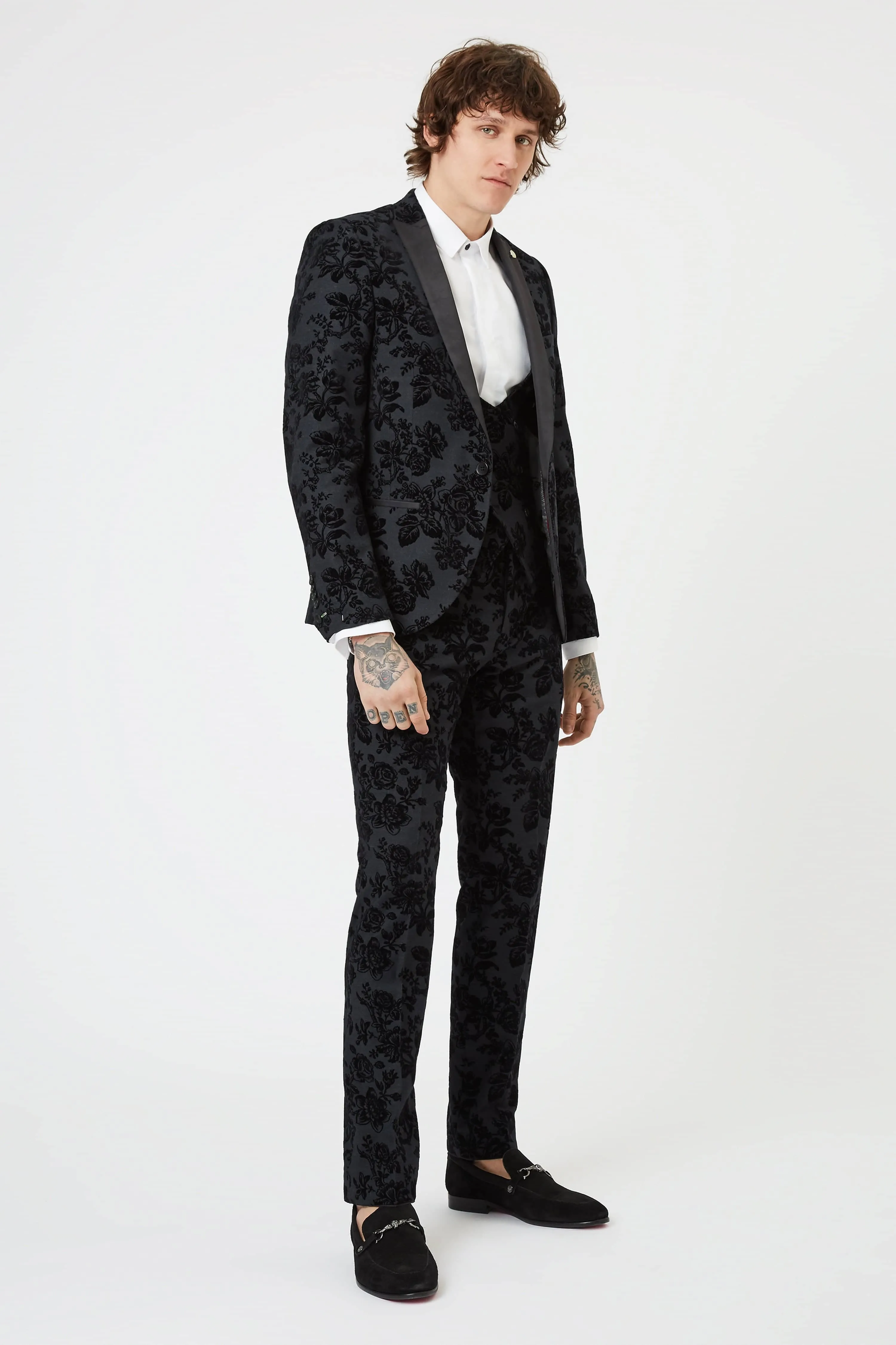 Fleet Skinny Fit Black Floral Tuxedo Waistcoat