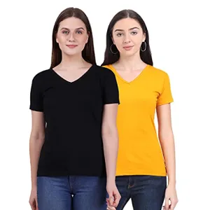 FLEXIMAA Women's Cotton V Neck Plain Half Sleeve T-Shirt