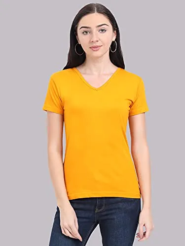 FLEXIMAA Women's Cotton V Neck Plain Half Sleeve T-Shirt