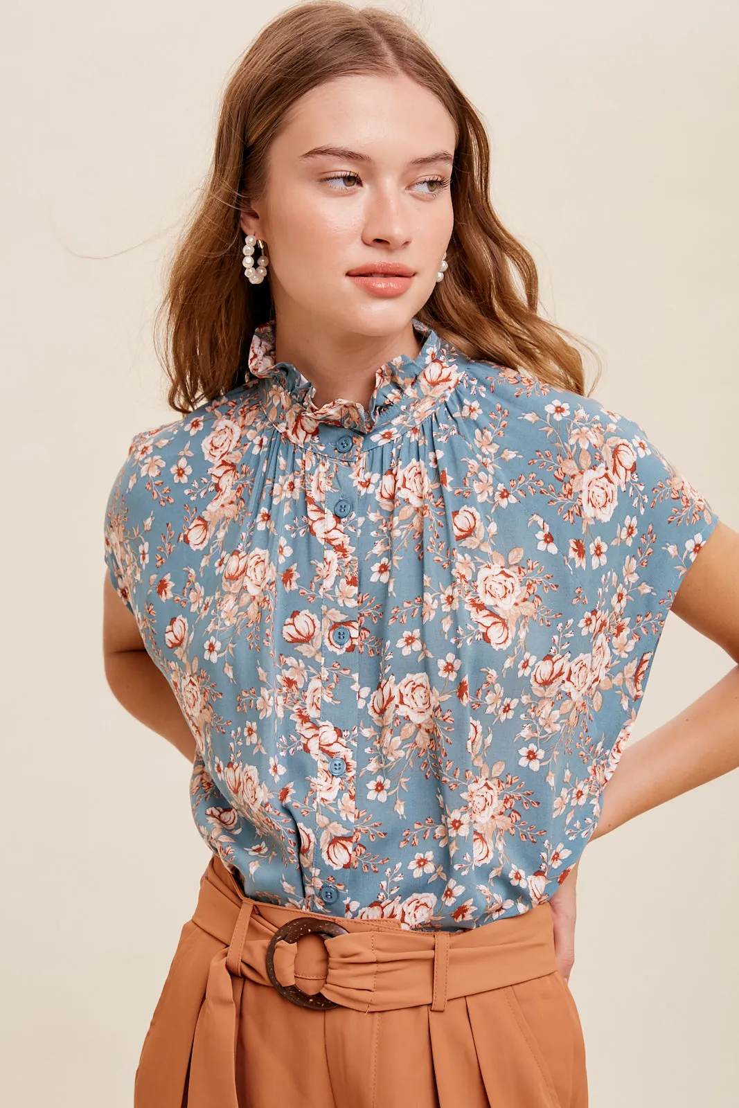 Floral print ruffle neck button down shirt top