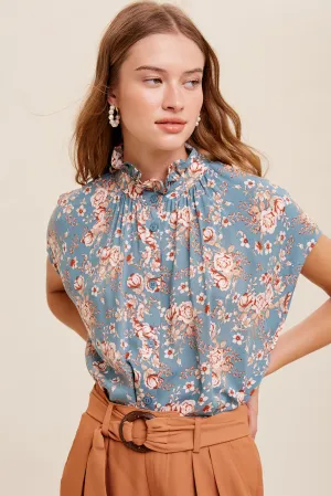 Floral print ruffle neck button down shirt top