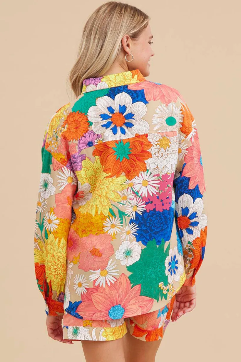Flower Print Top Button-Up W/Collared Neck