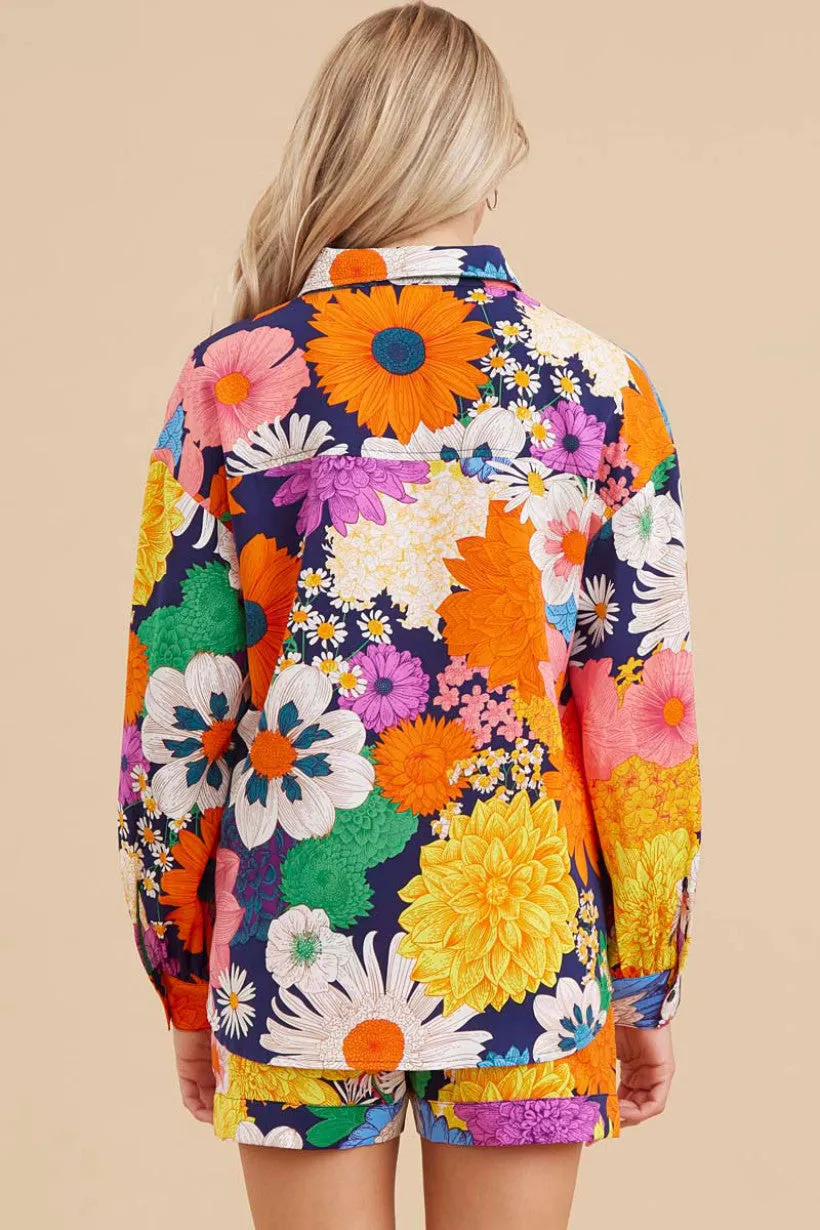 Flower Print Top Button-Up W/Collared Neck