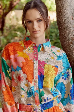 Flower Print Top Button-Up W/Collared Neck