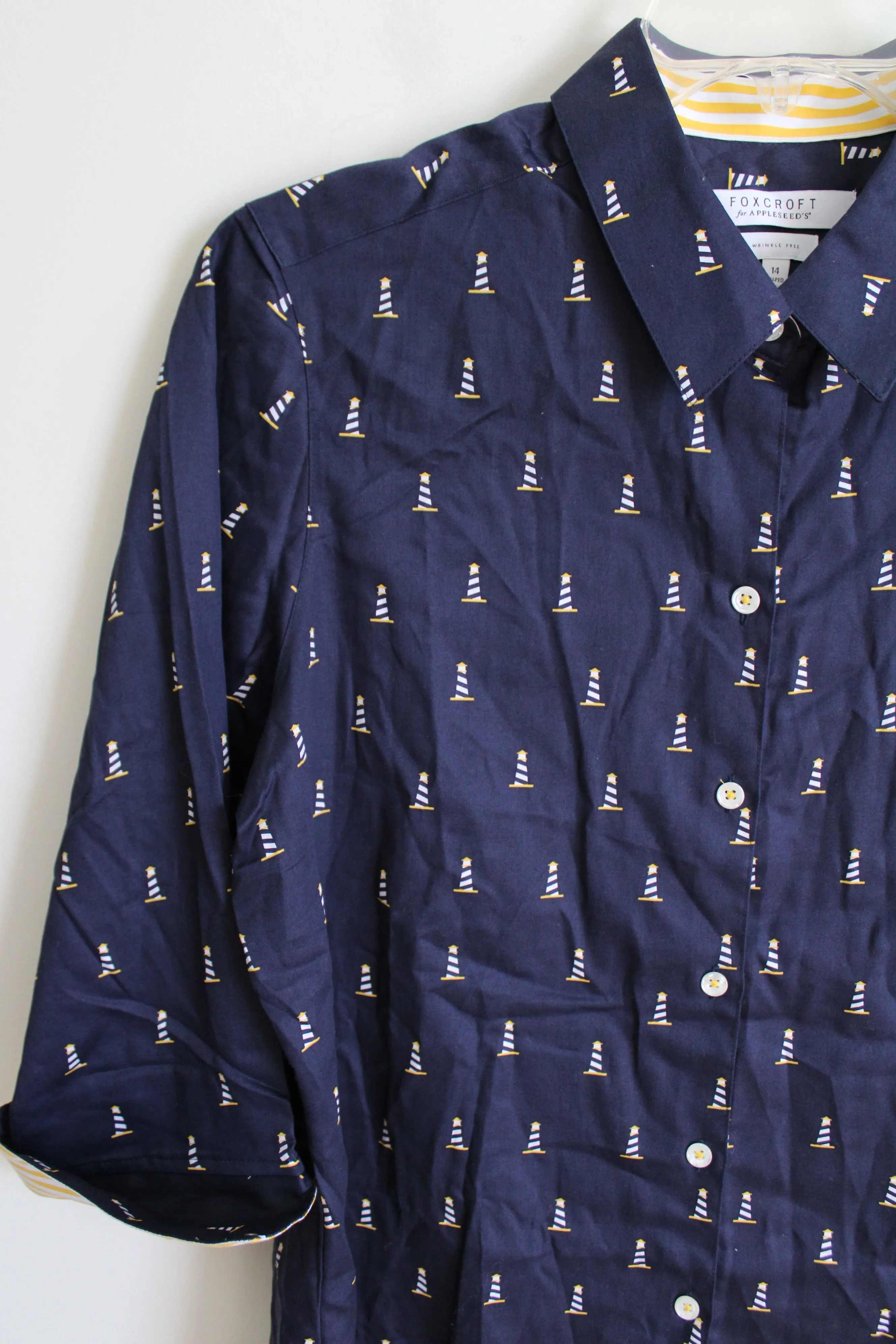 Foxcroft By Appleseed's Shaped Navy Blue Lighthouse Button Down Shirt | 14