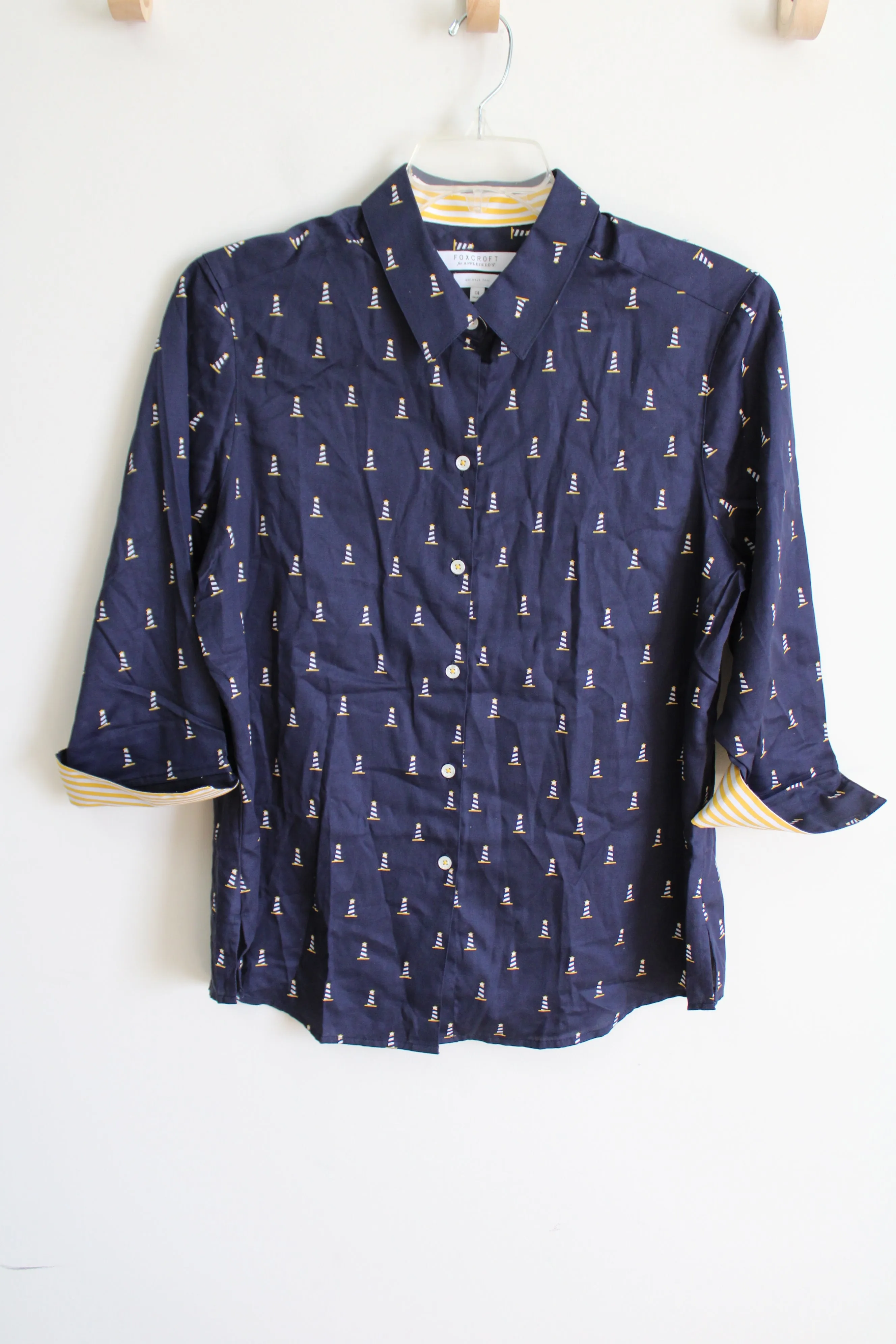 Foxcroft By Appleseed's Shaped Navy Blue Lighthouse Button Down Shirt | 14