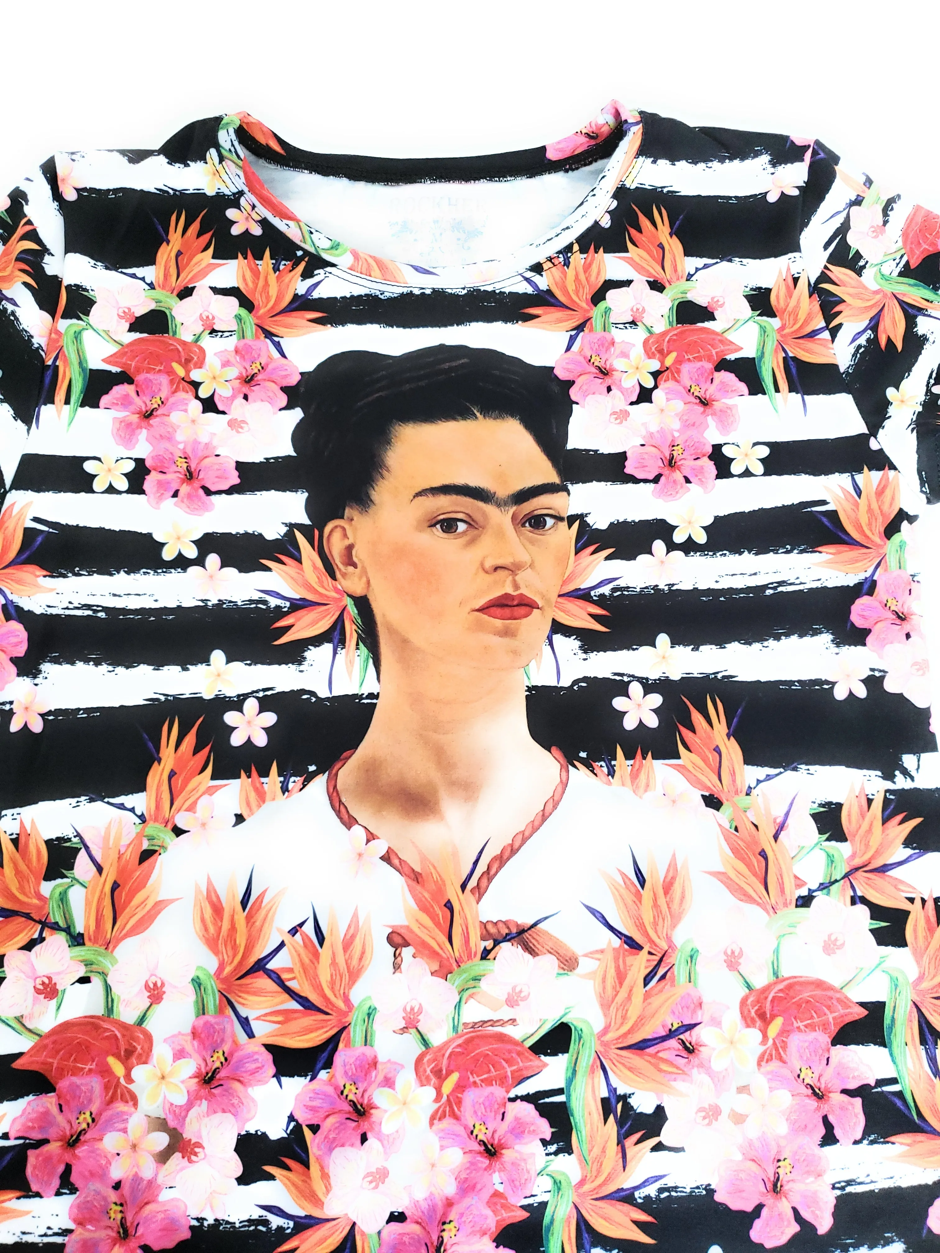 Frida Kahlo Full Print Graphic Tee Mexican T-Shirt Black Striped