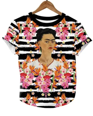 Frida Kahlo Full Print Graphic Tee Mexican T-Shirt Black Striped