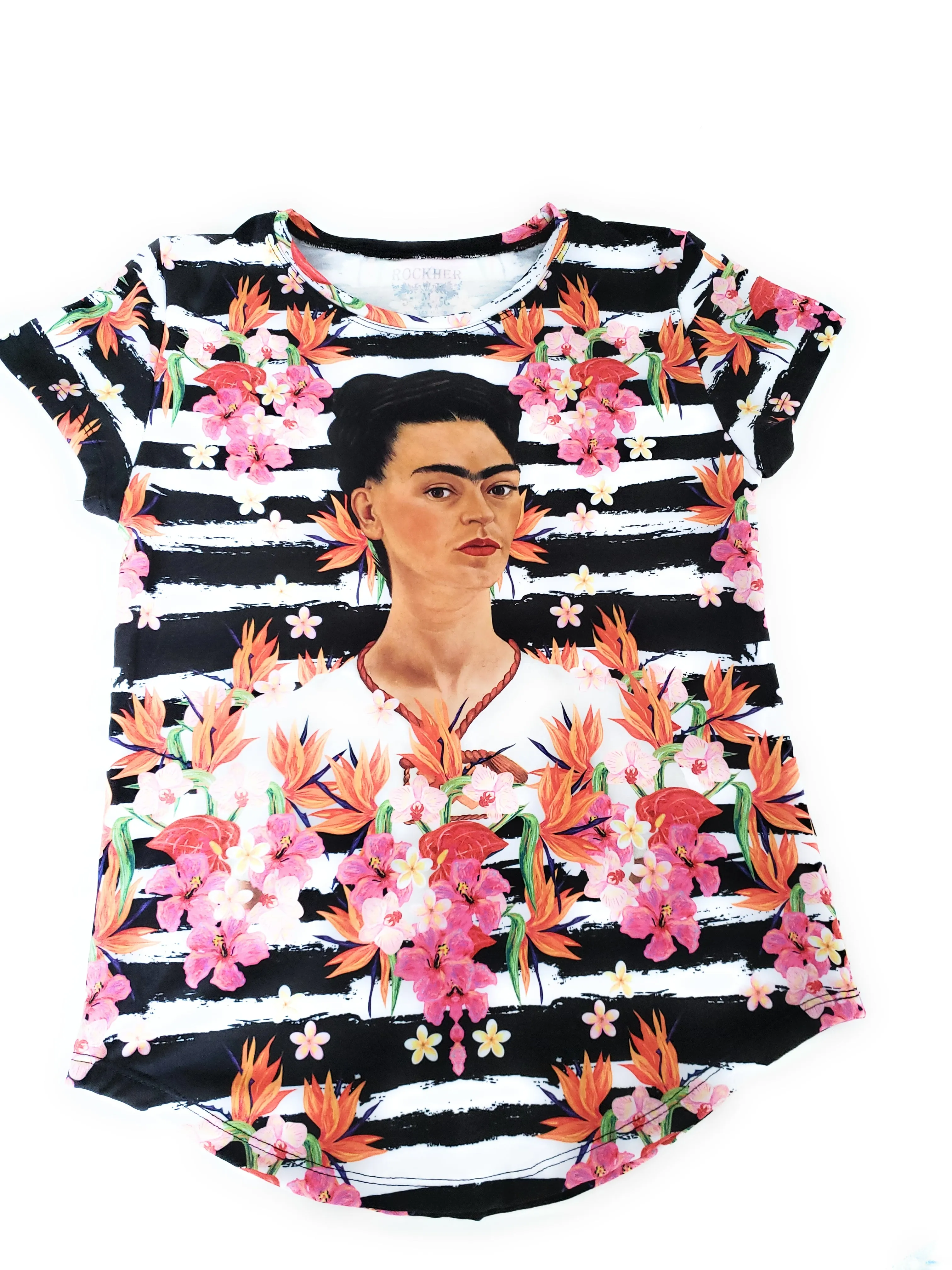 Frida Kahlo Full Print Graphic Tee Mexican T-Shirt Black Striped