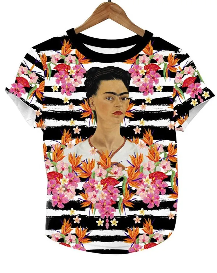 Frida Kahlo Full Print Graphic Tee Mexican T-Shirt Black Striped