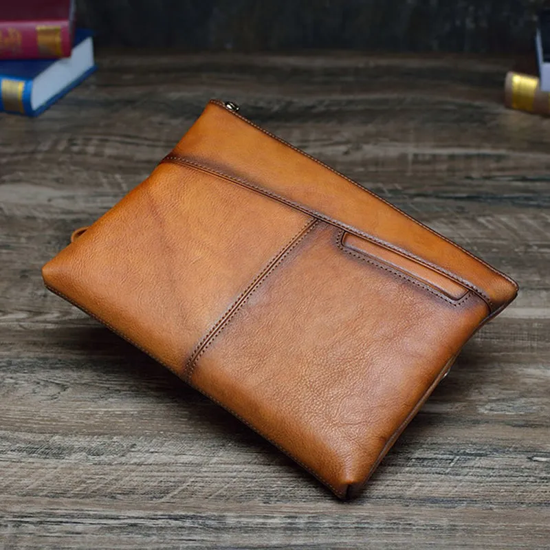 Full Grain Leather Men Clutch Men Handmade Envelope Clutch Retro Wrist Bag V171290
