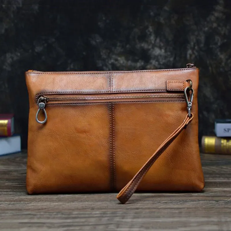 Full Grain Leather Men Clutch Men Handmade Envelope Clutch Retro Wrist Bag V171290