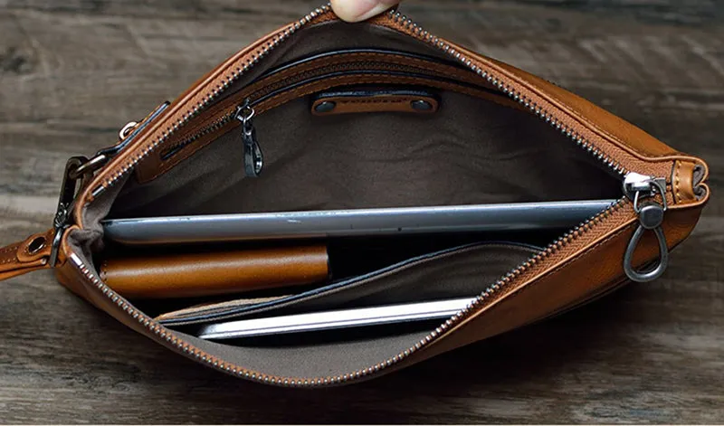 Full Grain Leather Men Clutch Men Handmade Envelope Clutch Retro Wrist Bag V171290