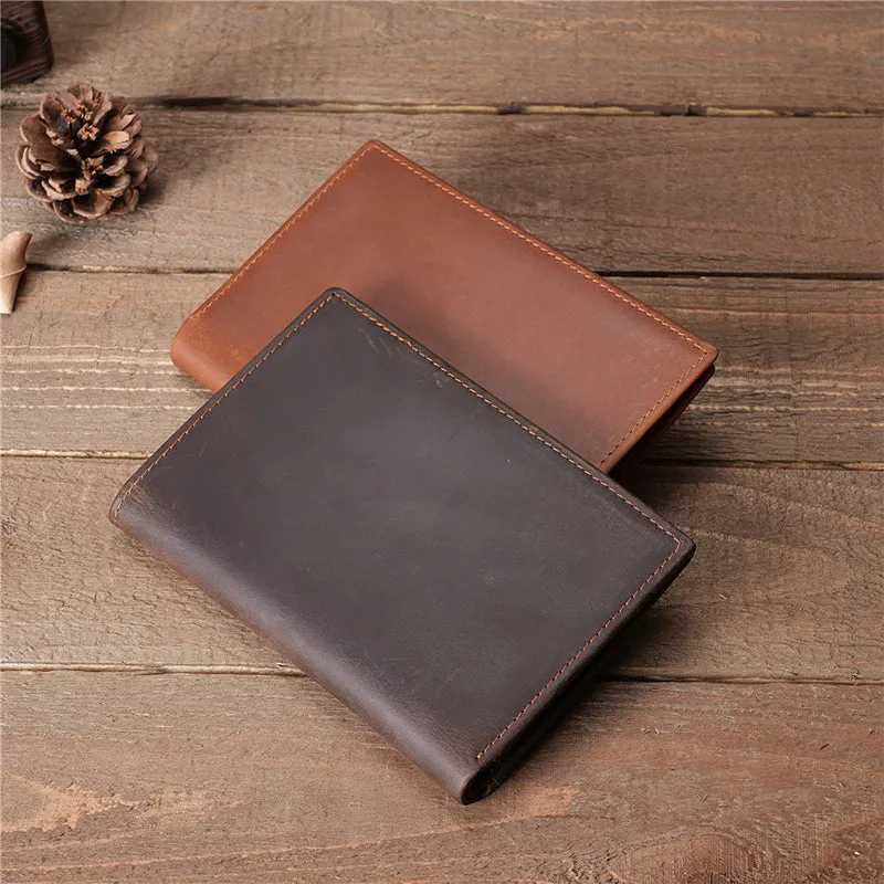 Full Grain Leather Passport Wallet Retro Leather Card Holder Wallet RFID Bifold Wallet Unisex Short Wallet
