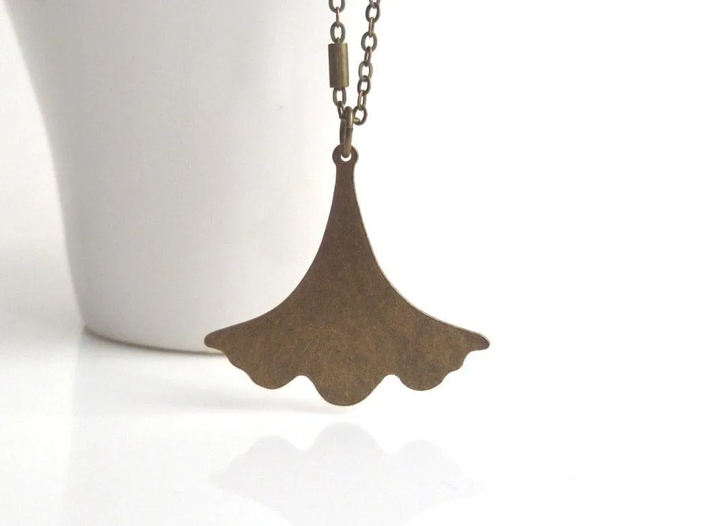 Ginkgo Leaf Necklace, bronze leaf necklace, antique brass necklace, old gold necklace, ruffled leaf necklace, leaf pendant, ginkgo pendant