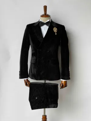 Giovanni Testi Double Breasted Velvet Black Pinstripe Slim Fit Suit GT4DB-18229