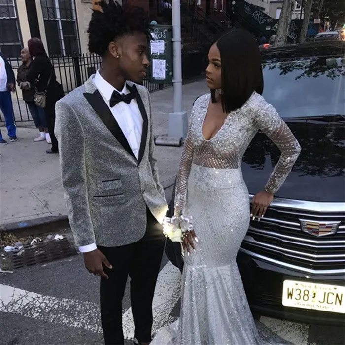 Glitter Silver Sequins Men Suits Peaked Lapel Two Piece Prom Outfits