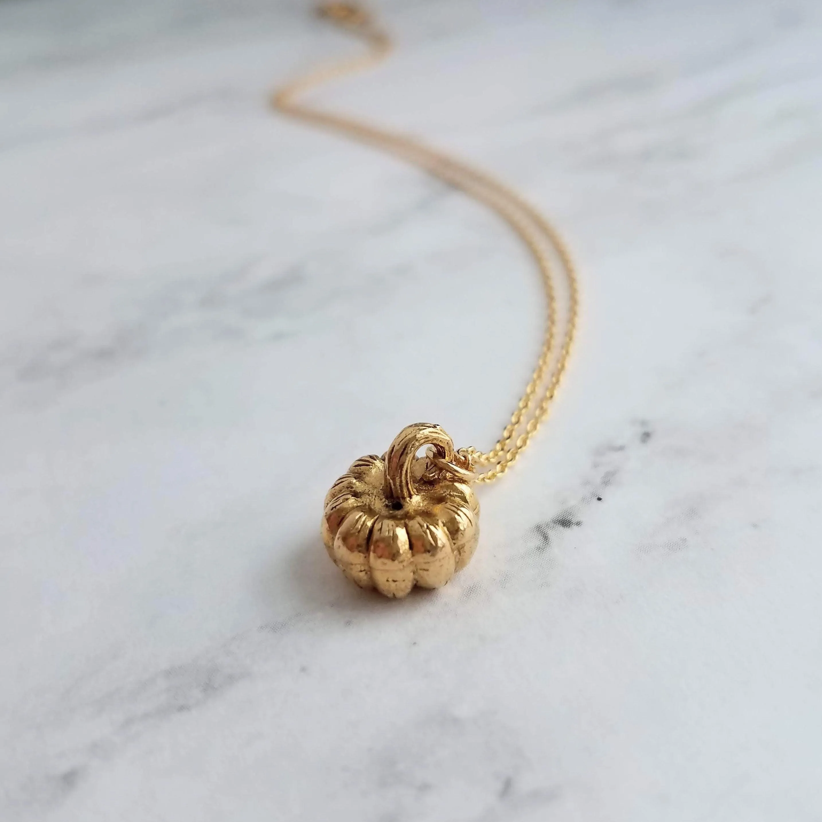 Gold Pumpkin Necklace, gold Halloween necklace, gold fall necklace, pumpkin pendant, small gold pumpkin charm, gold jack o lantern necklace