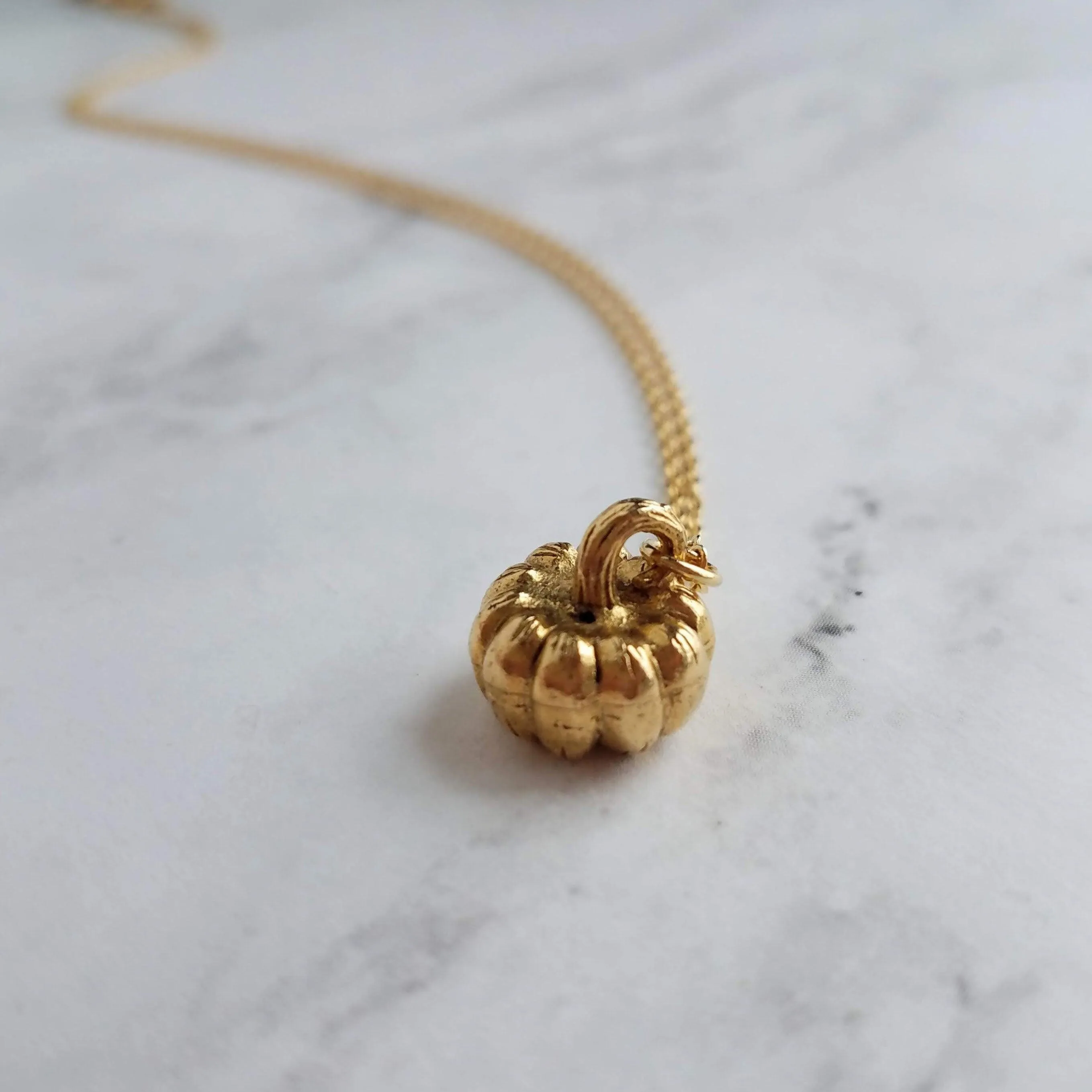 Gold Pumpkin Necklace, gold Halloween necklace, gold fall necklace, pumpkin pendant, small gold pumpkin charm, gold jack o lantern necklace