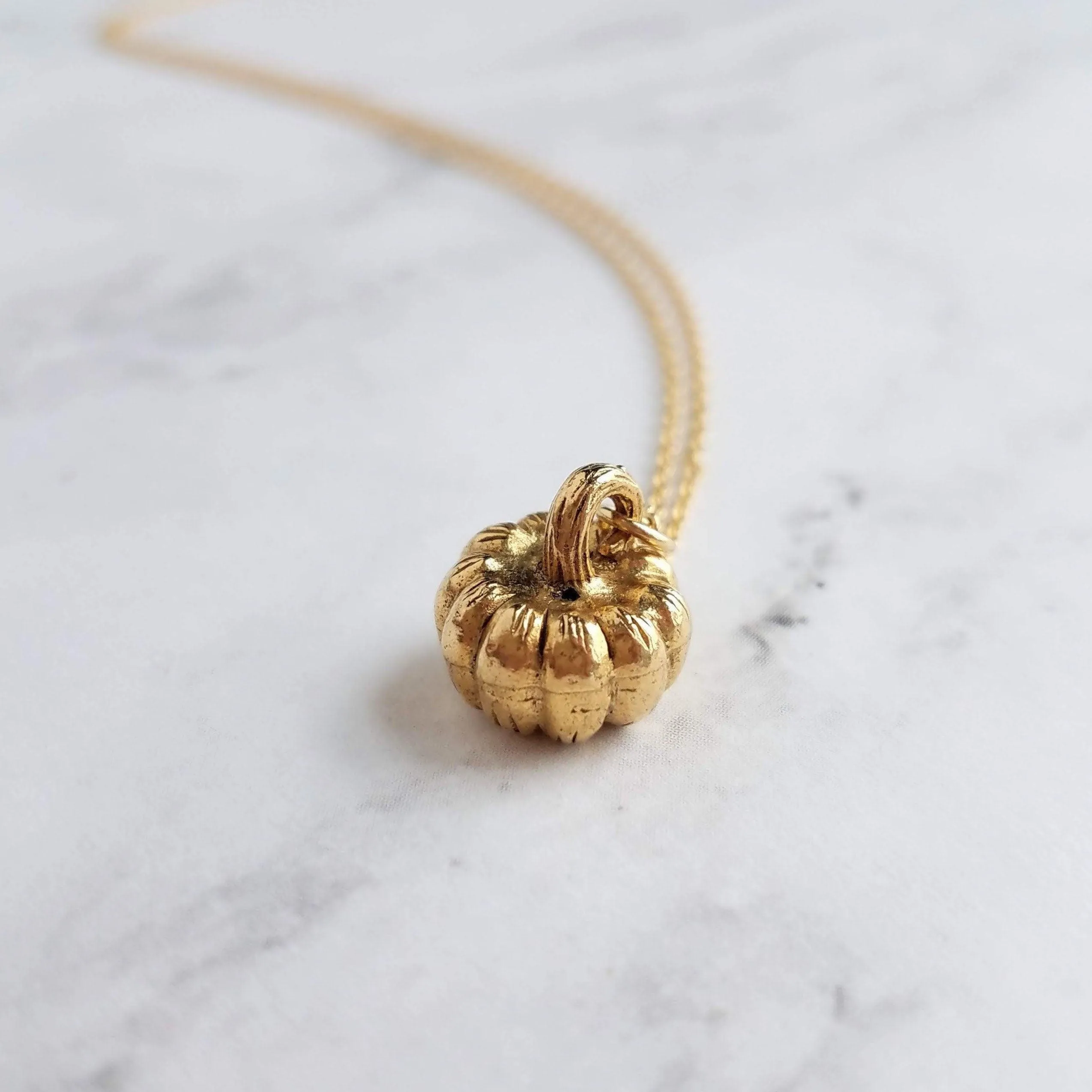 Gold Pumpkin Necklace, gold Halloween necklace, gold fall necklace, pumpkin pendant, small gold pumpkin charm, gold jack o lantern necklace