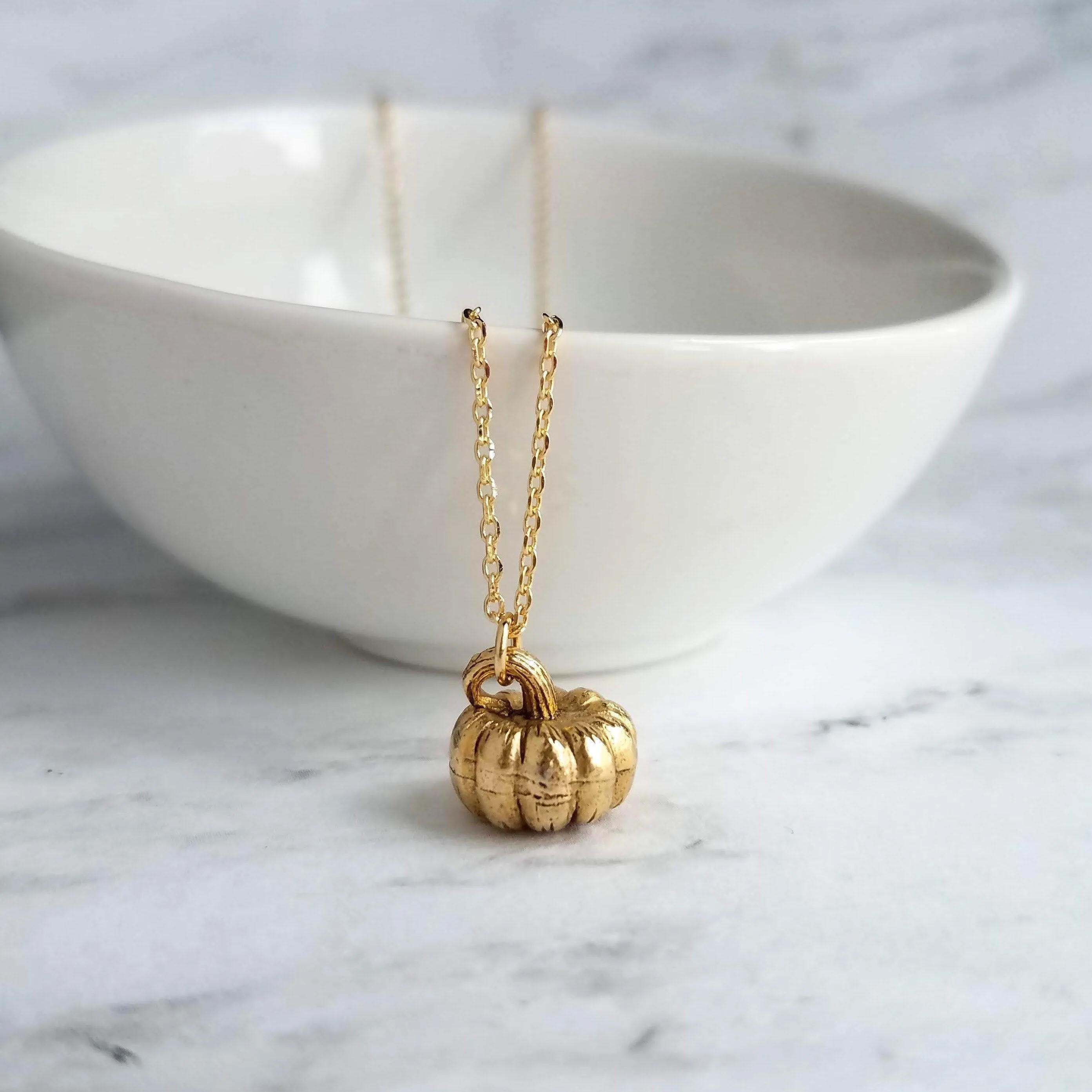 Gold Pumpkin Necklace, gold Halloween necklace, gold fall necklace, pumpkin pendant, small gold pumpkin charm, gold jack o lantern necklace