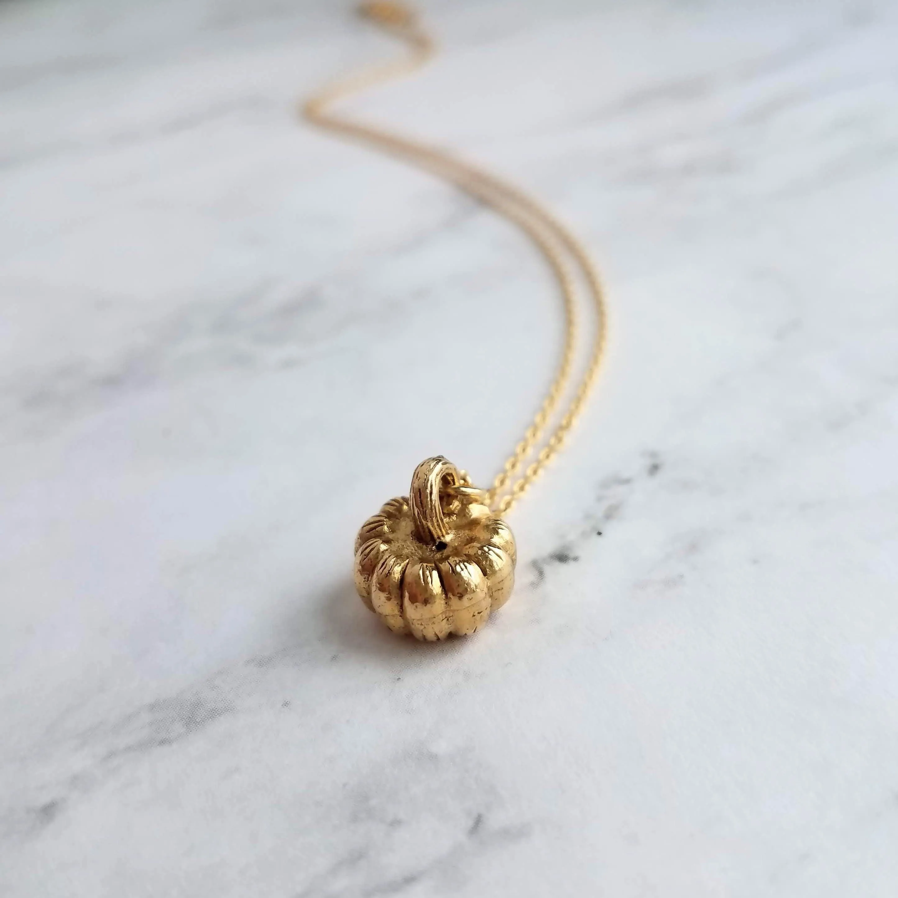 Gold Pumpkin Necklace, gold Halloween necklace, gold fall necklace, pumpkin pendant, small gold pumpkin charm, gold jack o lantern necklace