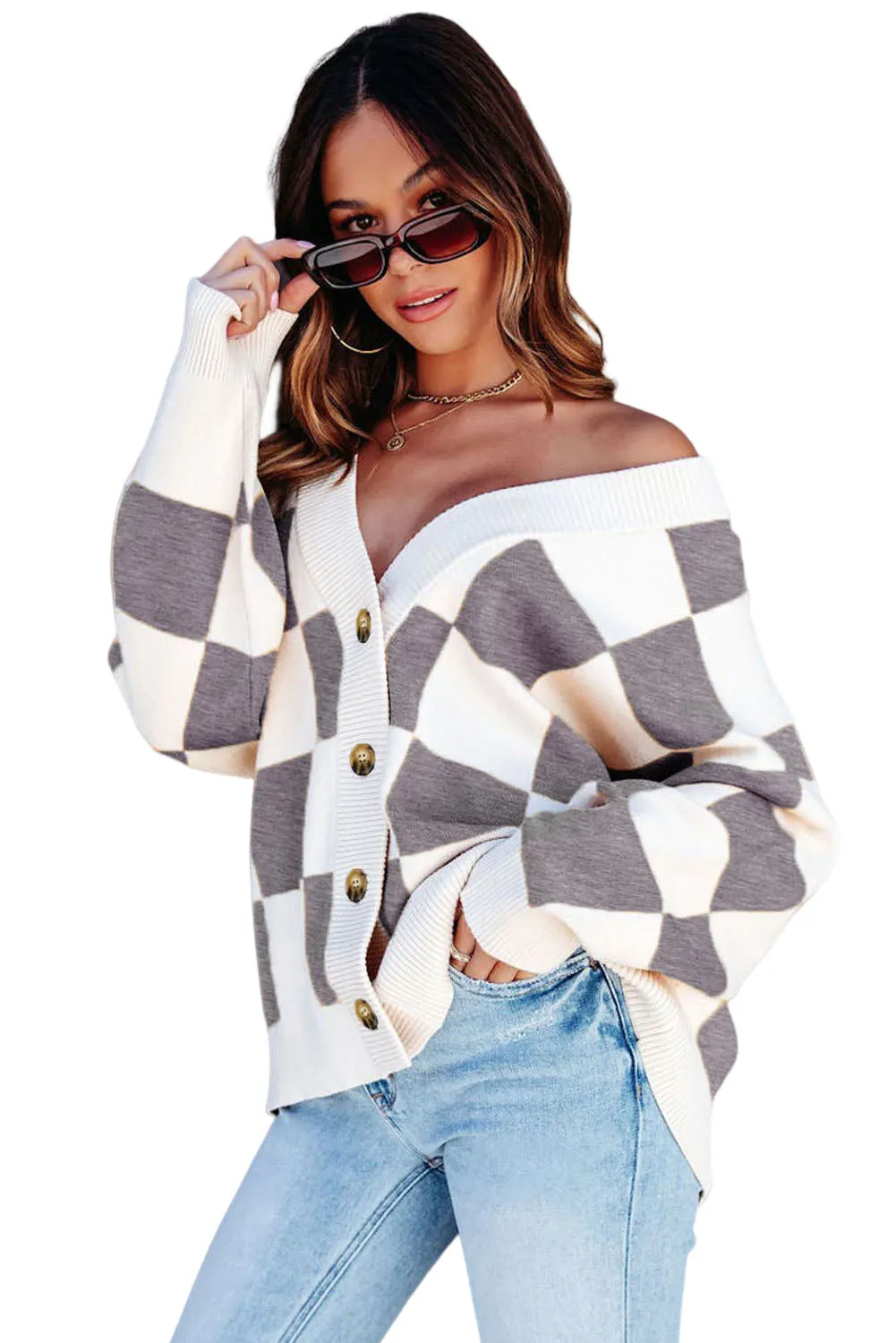 Gray Colorblock Plaid Button Up Cardigan