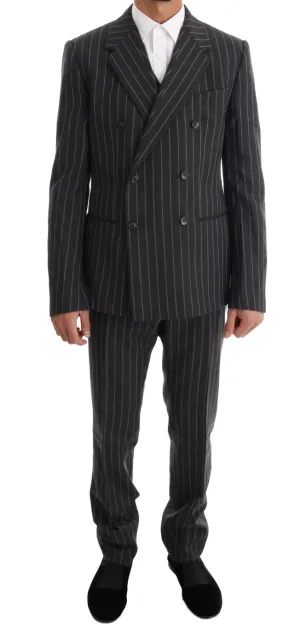 Gray Striped Double Breasted 3 Piece Suit