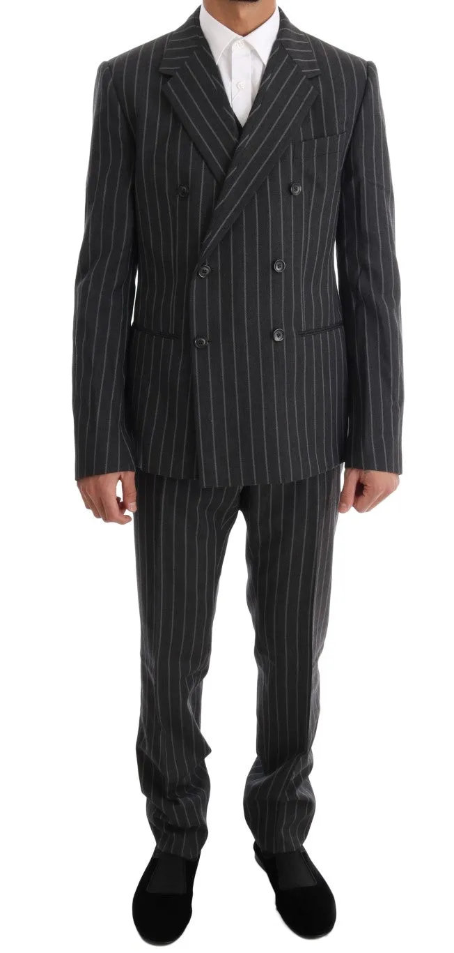 Gray Striped Double Breasted 3 Piece Suit