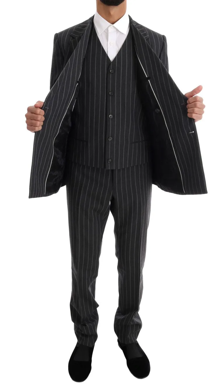 Gray Striped Double Breasted 3 Piece Suit