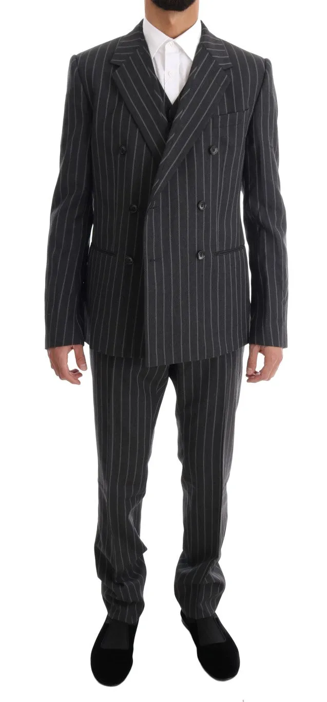 Gray Striped Double Breasted 3 Piece Suit