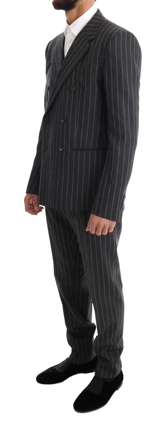 Gray Striped Double Breasted 3 Piece Suit