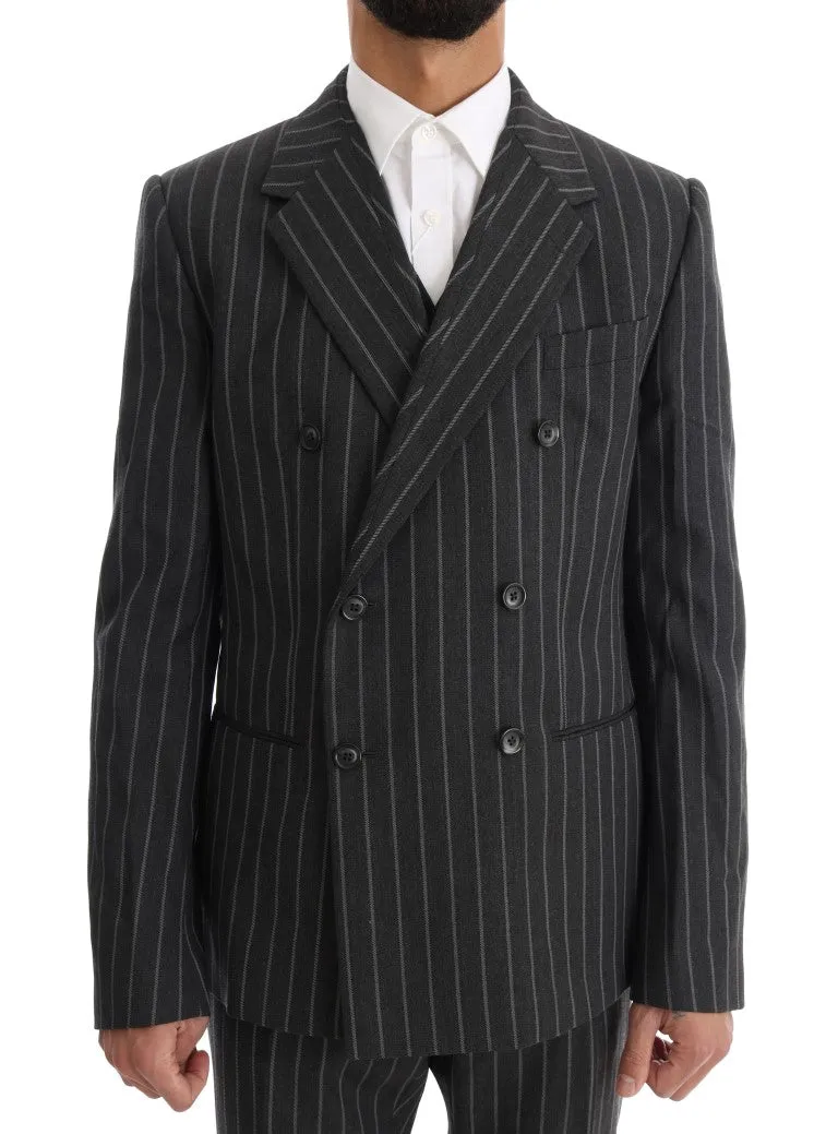 Gray Striped Double Breasted 3 Piece Suit