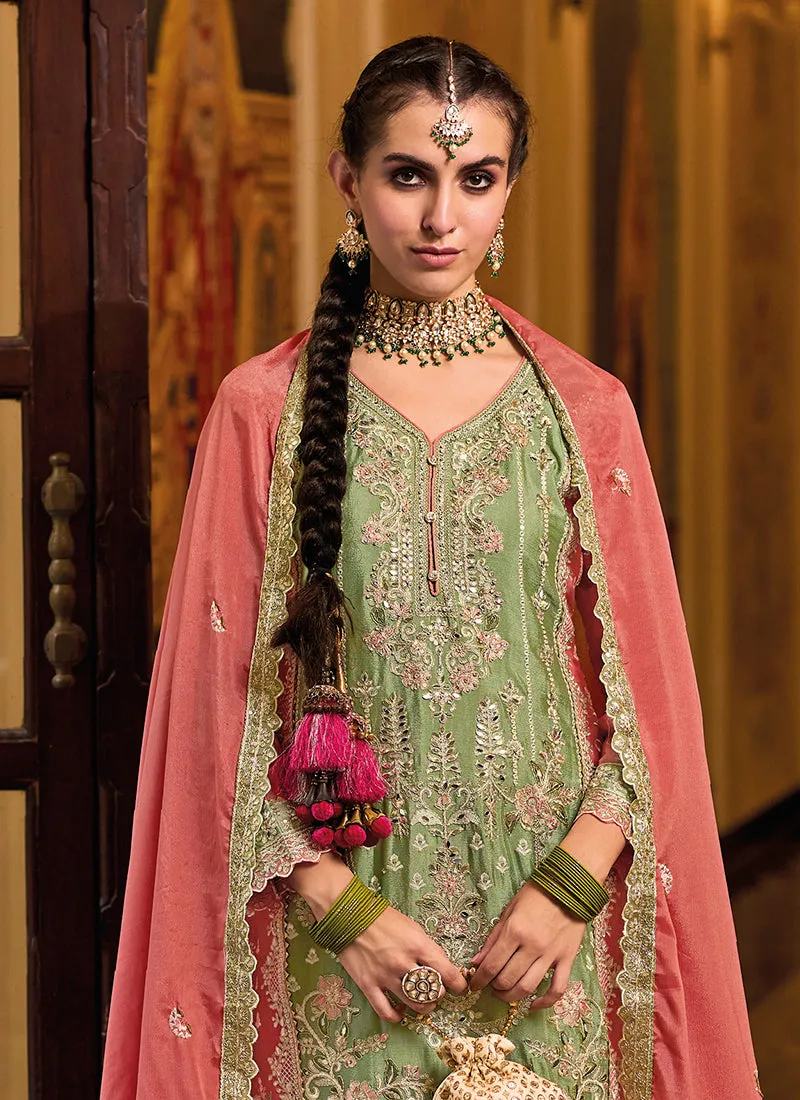 Green And Pink Multi Embroidery Traditional Palazzo Suit