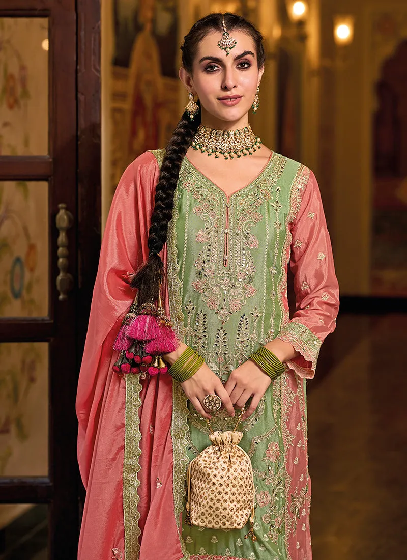 Green And Pink Multi Embroidery Traditional Palazzo Suit