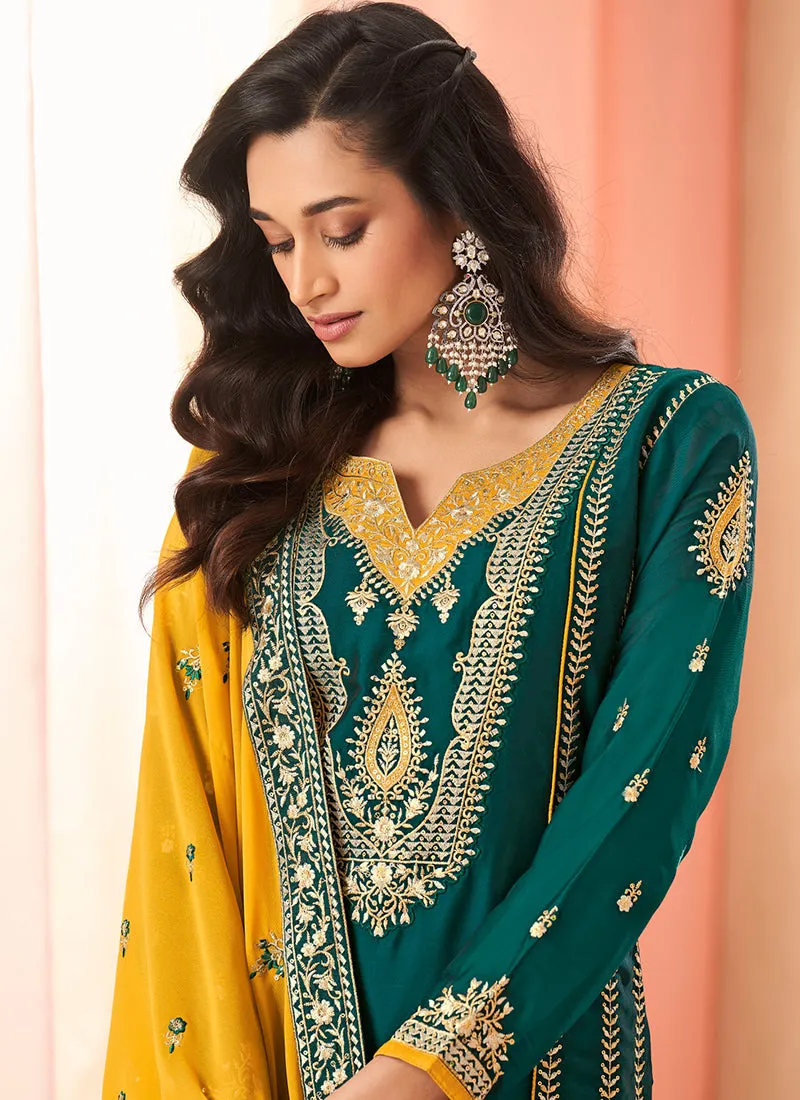 Green And Yellow Multi Embroidery Palazzo Suit