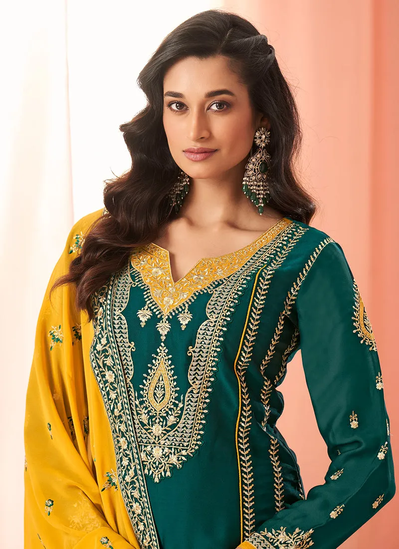 Green And Yellow Multi Embroidery Palazzo Suit