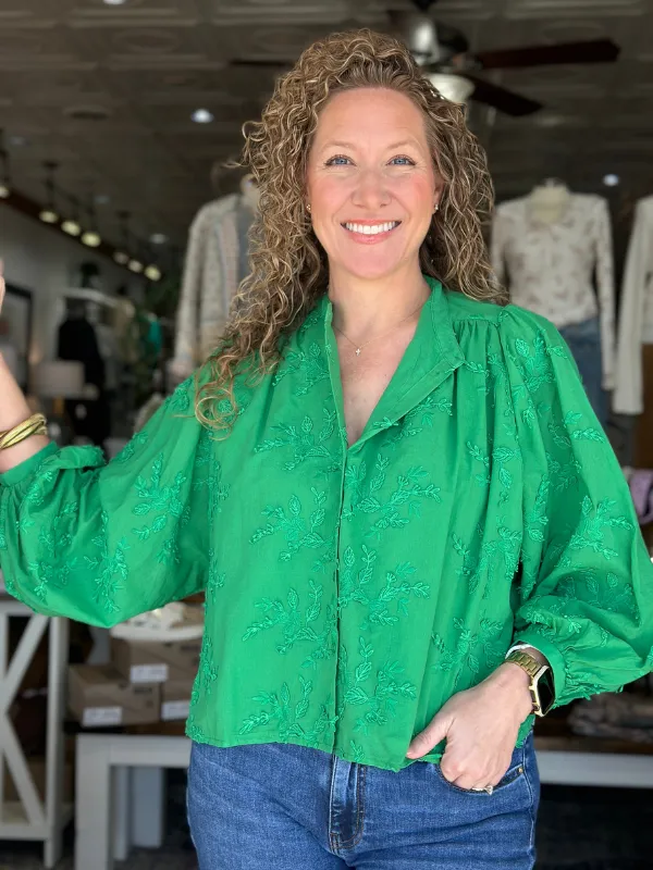 Green Appliqué Button Up Top