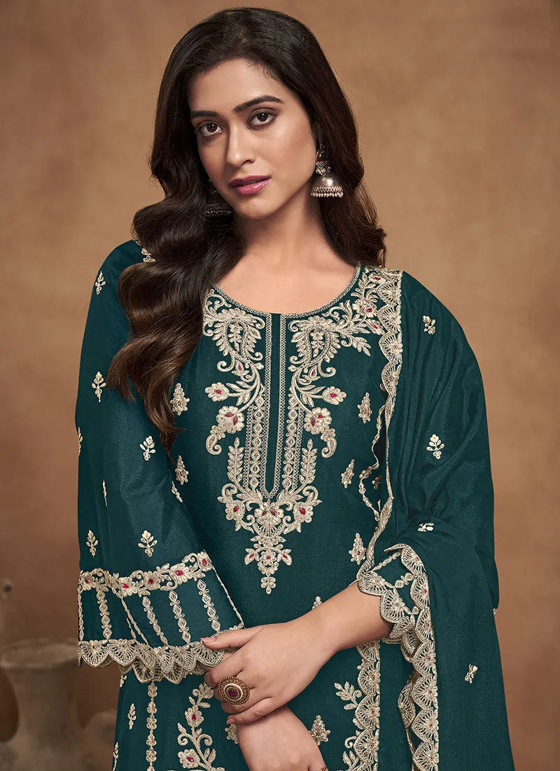 Green Thread Embroidery Palazzo Style Suit