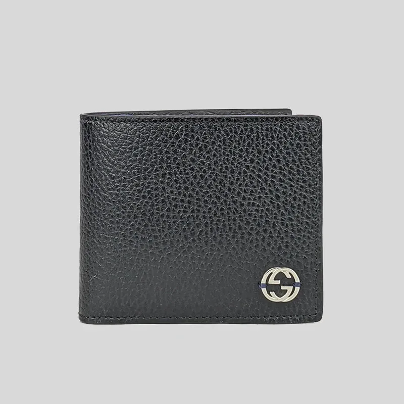 GUCCI Men's Leather Bifold Coin Wallet With Interlock GG Logo Black RB-610466