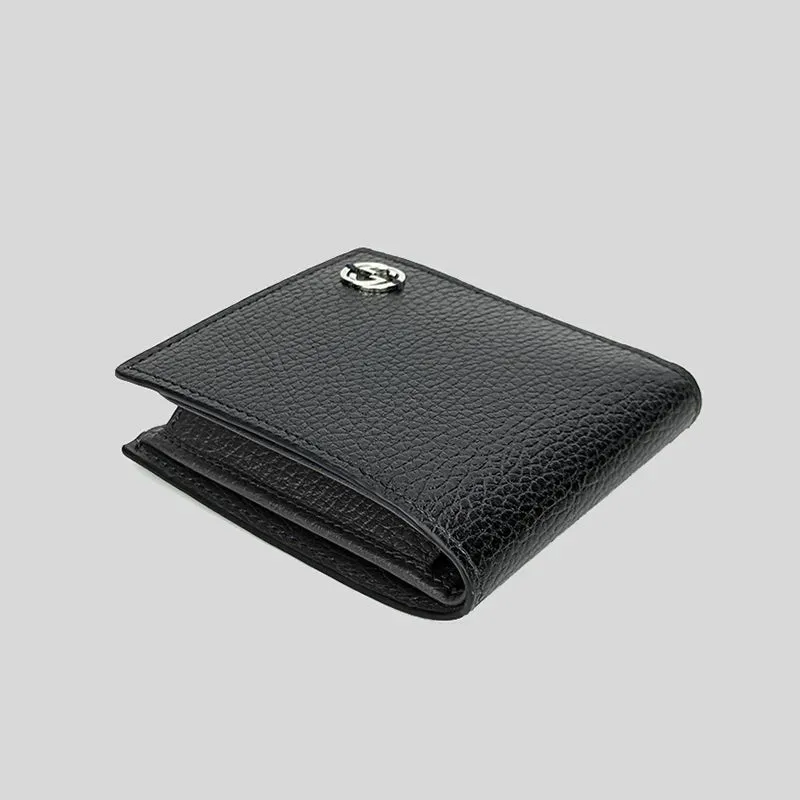 GUCCI Men's Leather Bifold Coin Wallet With Interlock GG Logo Black RB-610466