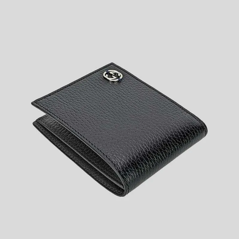 GUCCI Men's Leather Bifold Wallet With Interlock GG Logo Black RB-610464