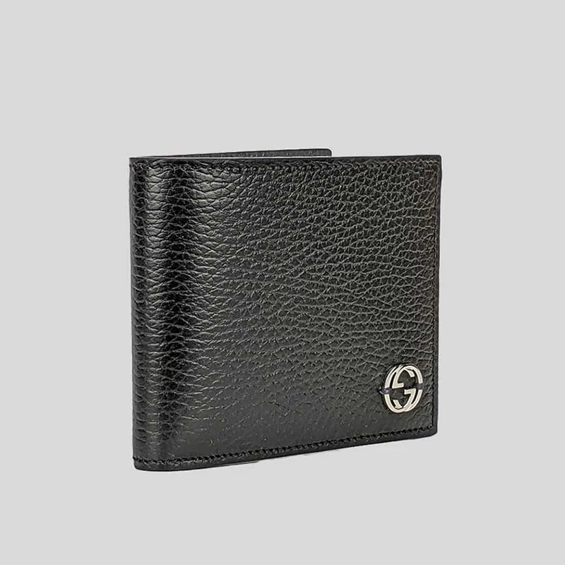 GUCCI Men's Leather Bifold Wallet With Interlock GG Logo Black RB-610464