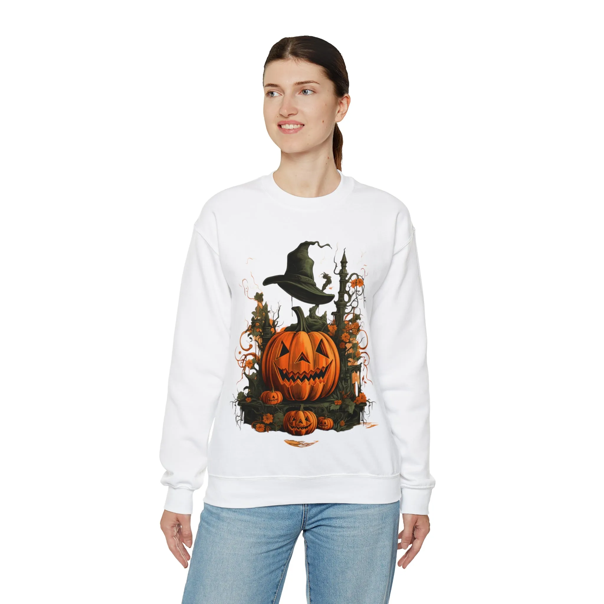 Halloween Crewneck Sweatshirt with Scary Pumpkins Castle Graphic