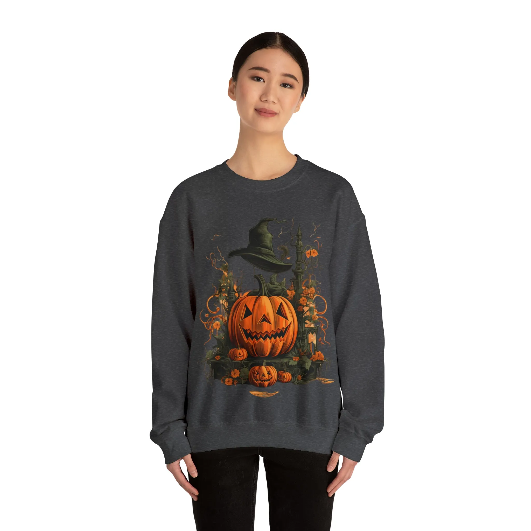 Halloween Crewneck Sweatshirt with Scary Pumpkins Castle Graphic